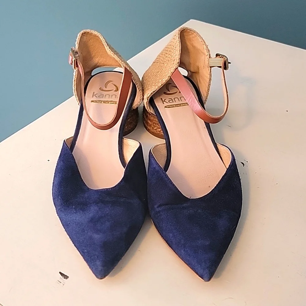 KANNA Jini‎ Raffia Trimmed Navy Suede Heels Eur 37, US 6.5-7